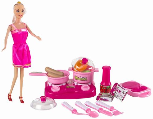 Cocina con accesorios y muñeca