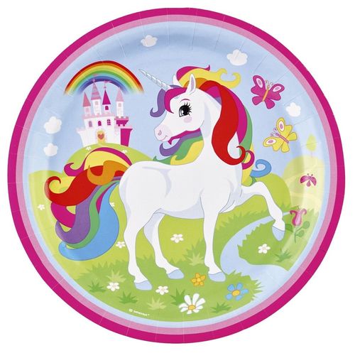 Pack 8 platos de cartón Unicornio 23 cm