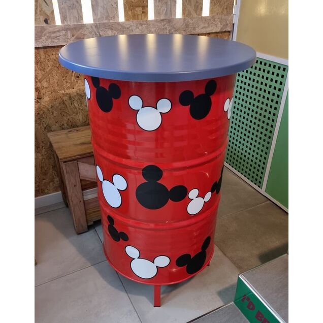 Bidón mesa barril industrial con tablero patas y lacado Mickey Mouse 60 x 60 x 90 cm