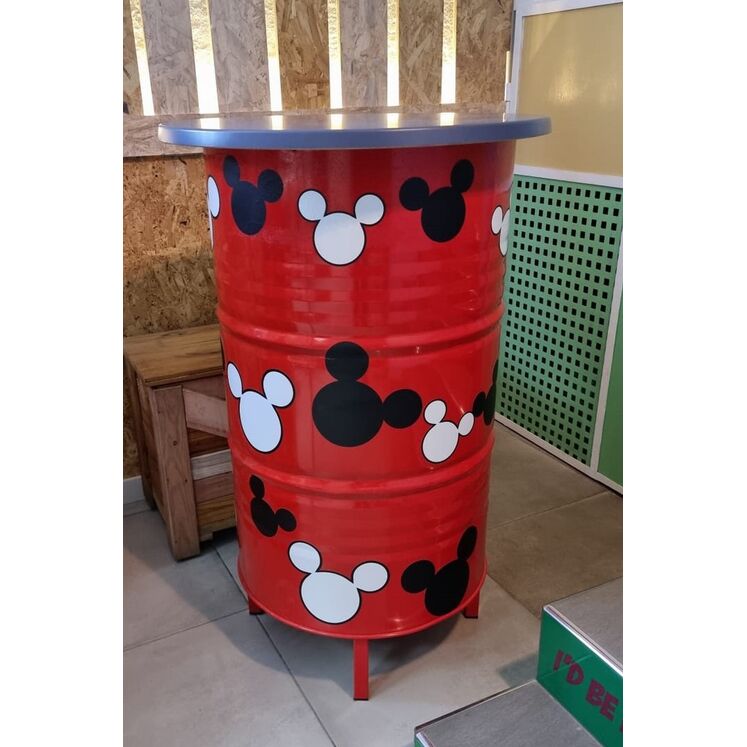 Bidón mesa barril industrial con tablero patas y lacado Mickey Mouse 60 x 60 x 90 cm