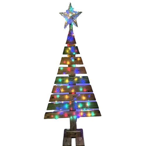 Árbol Navidad artesanal ecológico de madera con estrella y luces RGB 210 x 97 cm