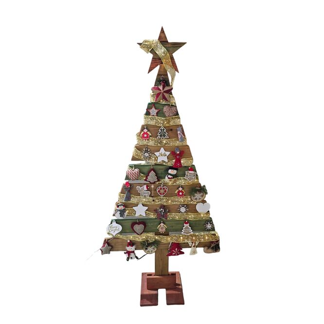 Árbol Navidad artesanal ecológico de madera con luz y accesorios 210 x 97 cm