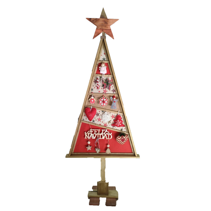 Árbol Navidad artesanal ecológico de madera con 14 accesorios y luz led RGB 210 x 98 cm