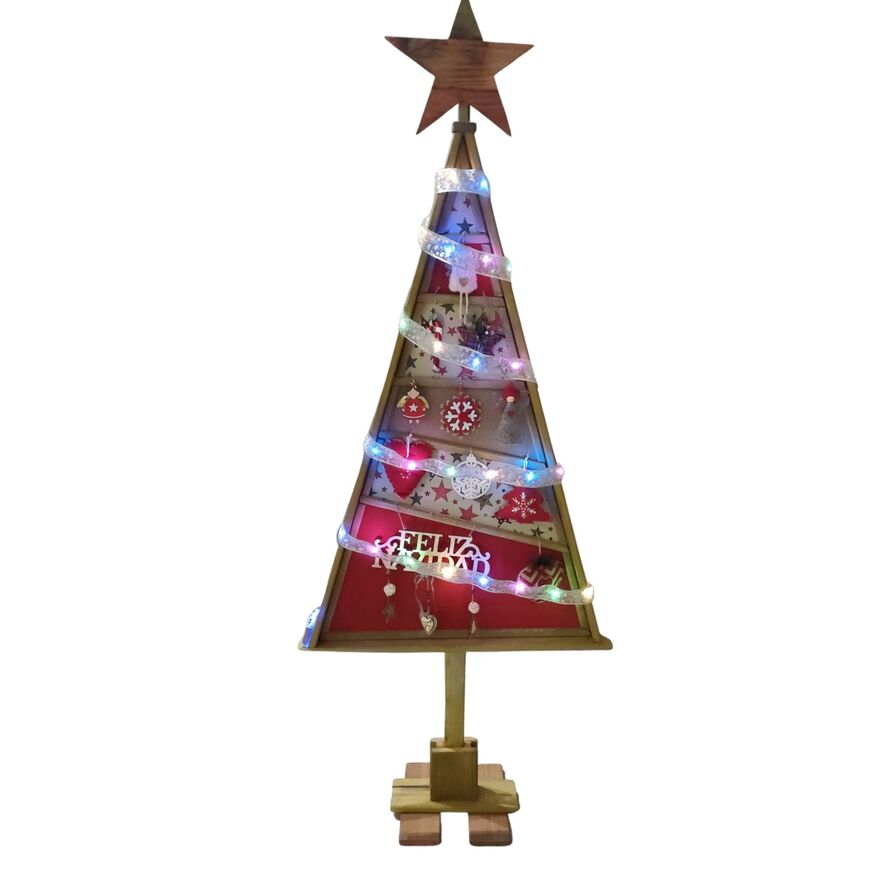 Árbol Navidad artesanal ecológico de madera con 14 accesorios y luz led RGB 210 x 98 cm