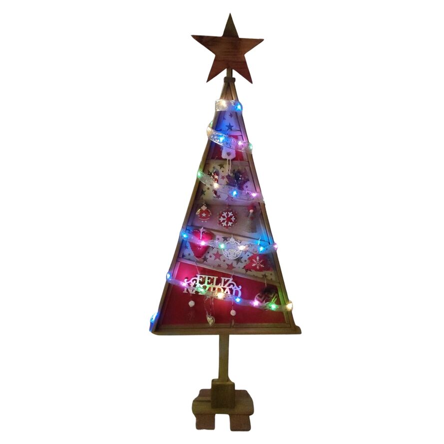 Árbol Navidad artesanal ecológico de madera con 14 accesorios y luz led RGB 210 x 98 cm