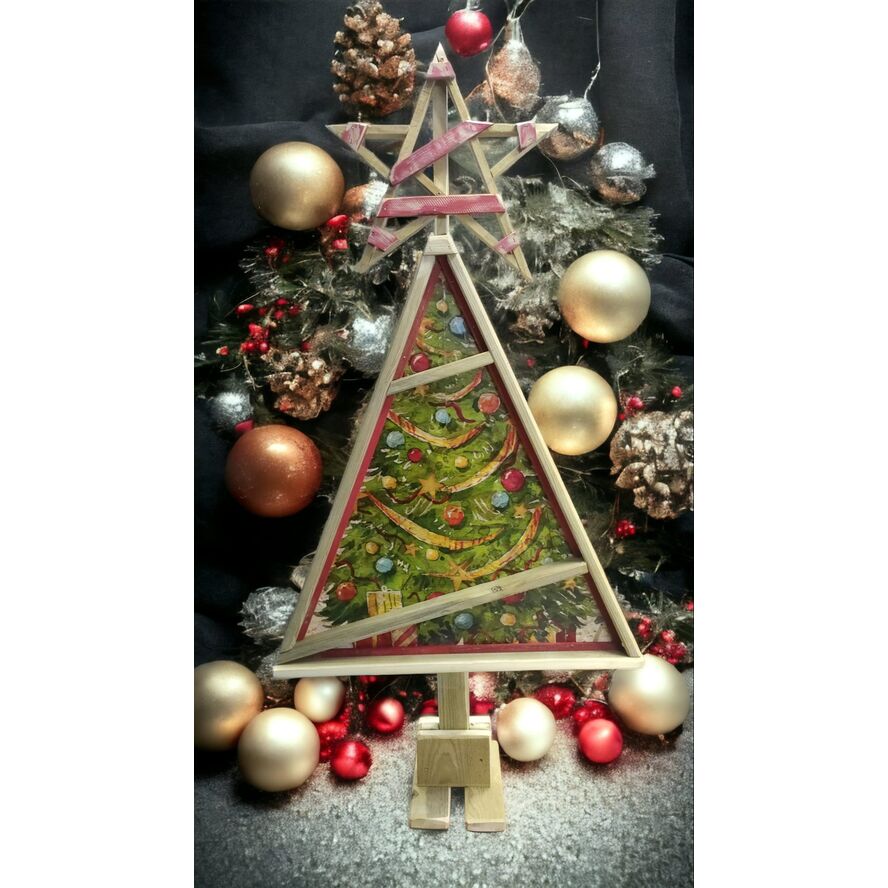 Árbol Navidad artesanal madera con base estrella y vinilo navideño 126 x 64 x 23 cm