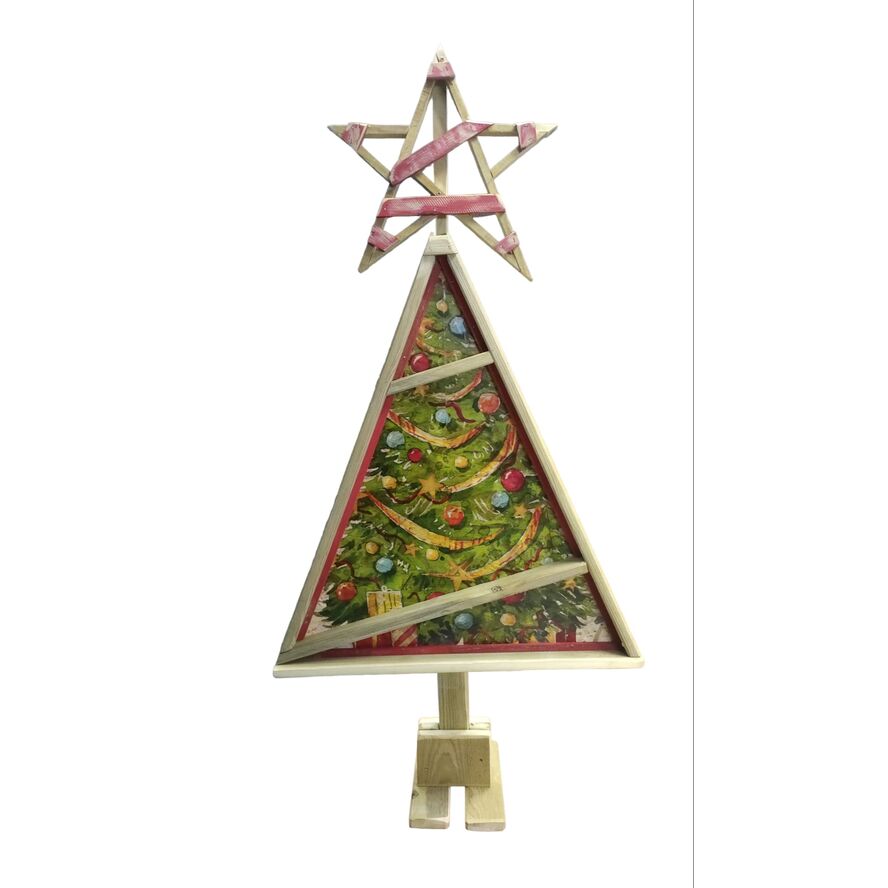 Árbol Navidad artesanal madera con base estrella y vinilo navideño 126 x 64 x 23 cm