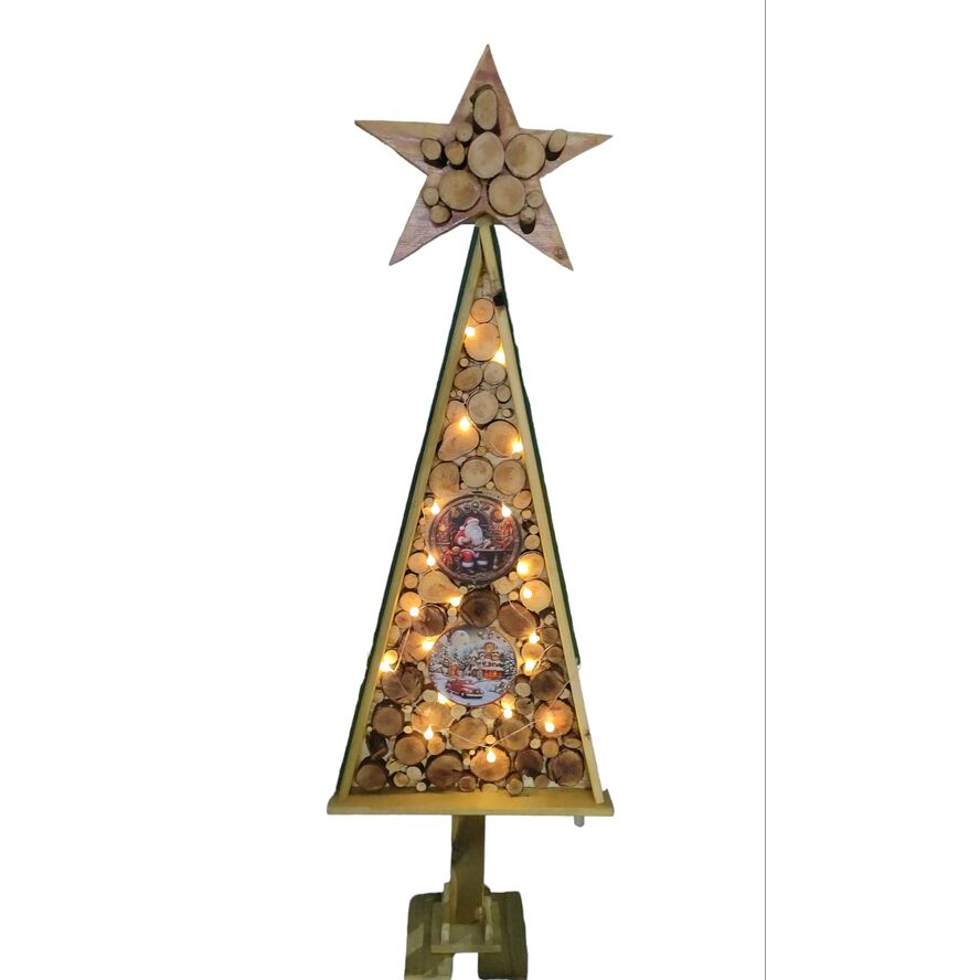 Árbol Navidad madera artesanal con guirnalda led cálida 196 x 64 x 25 cm