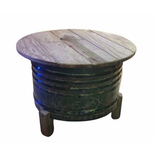 Bidón metal mesa baja barril industrial con patas y tablero madera 70 x 70 x 52.5 cm