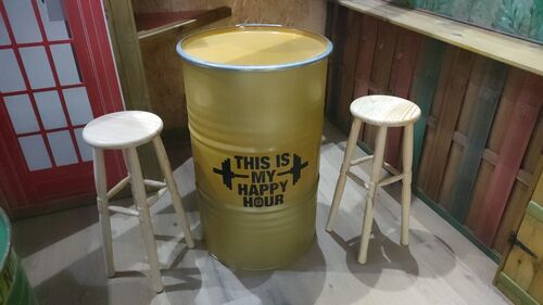 Bidón Metal mesa alta Barril Industrial personalizable amarillo "This is my Happy Hour" 60 x 60 x 90 cm