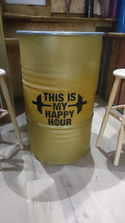 Bidón Metal mesa alta Barril Industrial personalizable amarillo "This is my Happy Hour" 60 x 60 x 90 cm