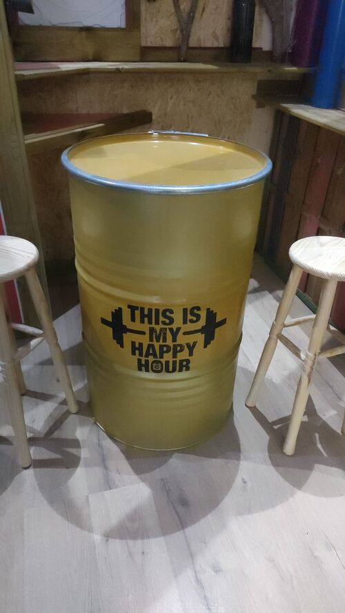 Bidón Metal mesa alta Barril Industrial personalizable amarillo "This is my Happy Hour" 60 x 60 x 90 cm