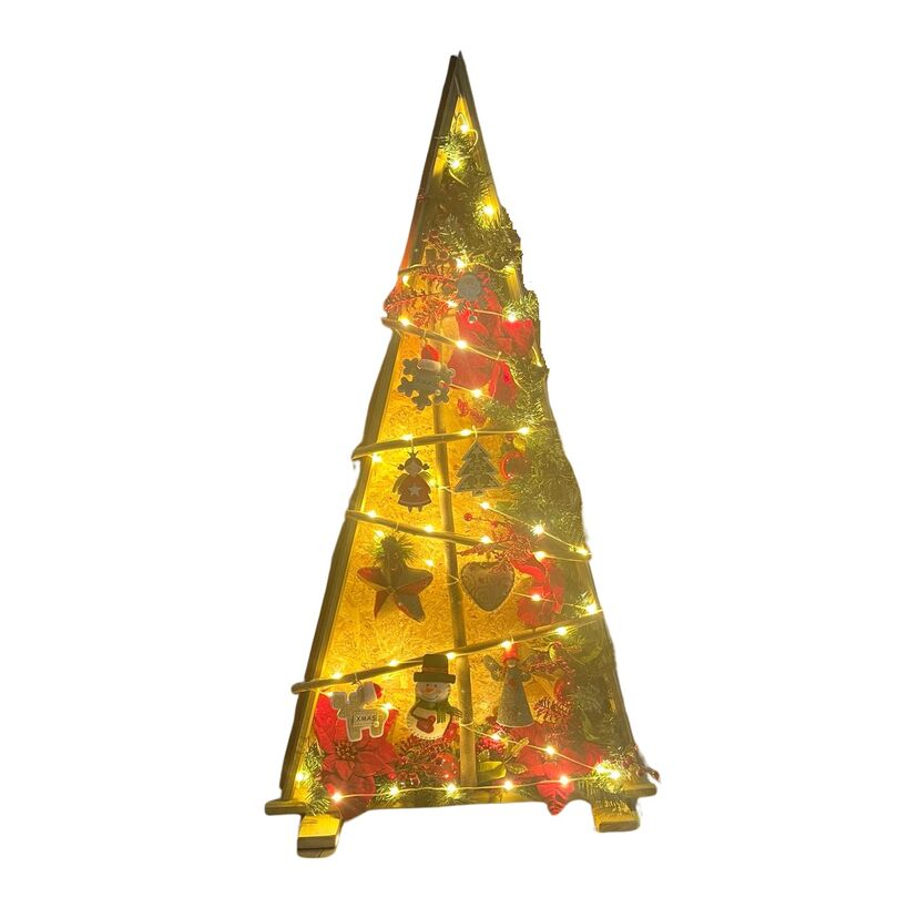 Árbol madera artesanal decoración Navidad guirnalda piñas bolas y cordón Led 130 x 70 x 25 cm