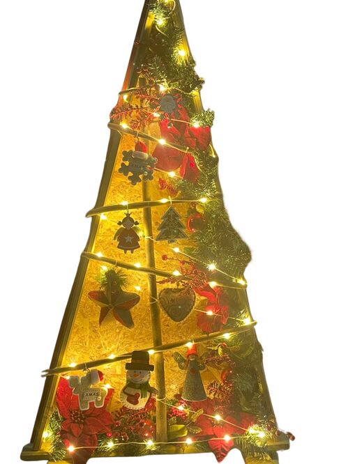 Árbol madera artesanal decoración Navidad guirnalda piñas bolas y cordón Led 130 x 70 x 25 cm