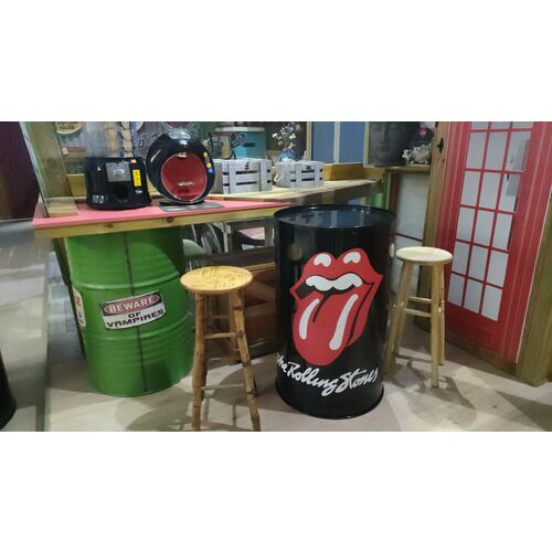 Bidón metal mesa alta barril industrial personalizable negro "Rolling Stones" 60 x 60 x 90 cm