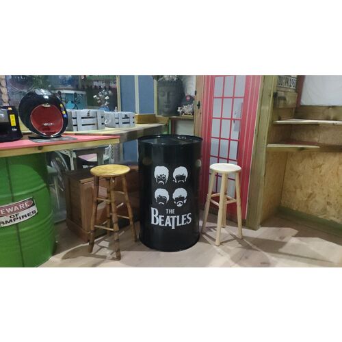 Bidón metal mesa alta barril industrial personalizable negro "The Beatles" 60 x 60 x 90 cm