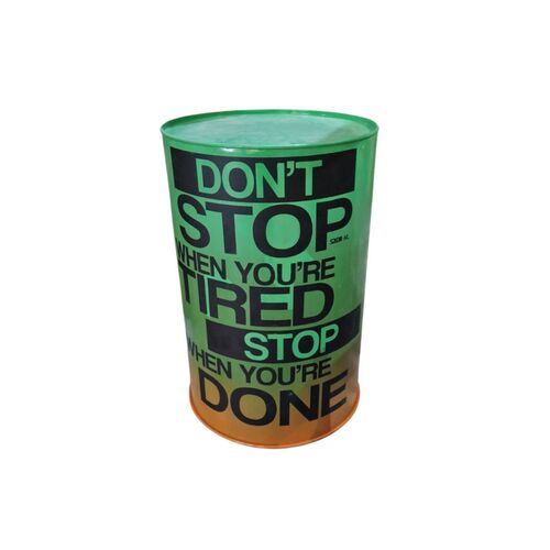 Bidón metal mesa alta barril industrial personalizable verde "Don´t Stop" 60 x 60 x 90 cm