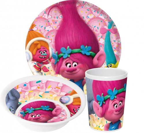 Pack melamina Trolls vaso, cuenco y plato